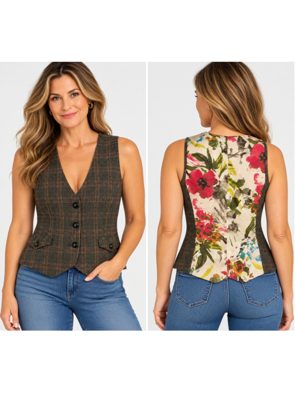 Olsen Plaid Vest Floral Back Waistcoat Tailored Fitted Button Down Suit Top 2151